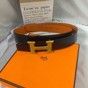 Hermes Black and Gold H Buckle Belt